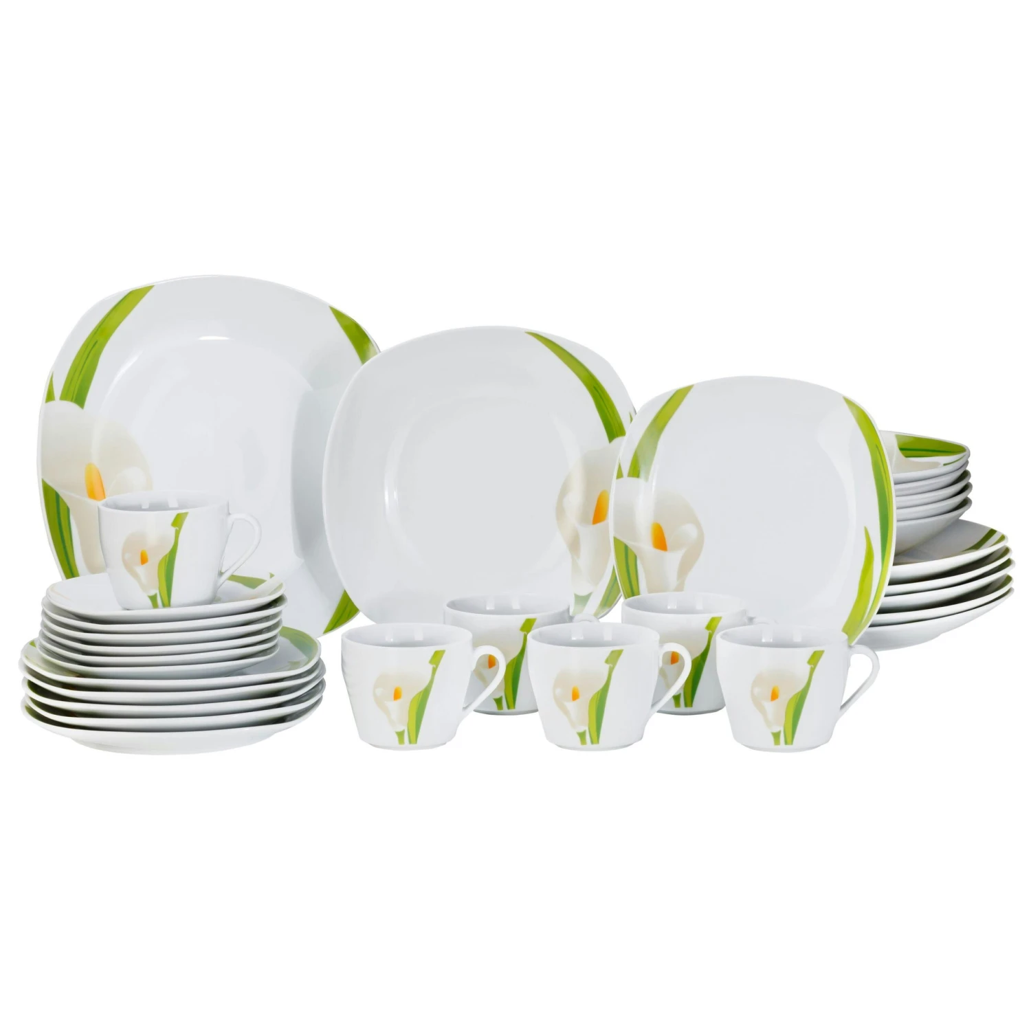 Kombiservice Calla 30-teilig Eckig Porzellan Für 6 Personen Weiß Mit Blumendekor 3 Kombiservice Calla 30-teilig Eckig Porzellan Für 6 Personen Weiß Mit Blumendekor