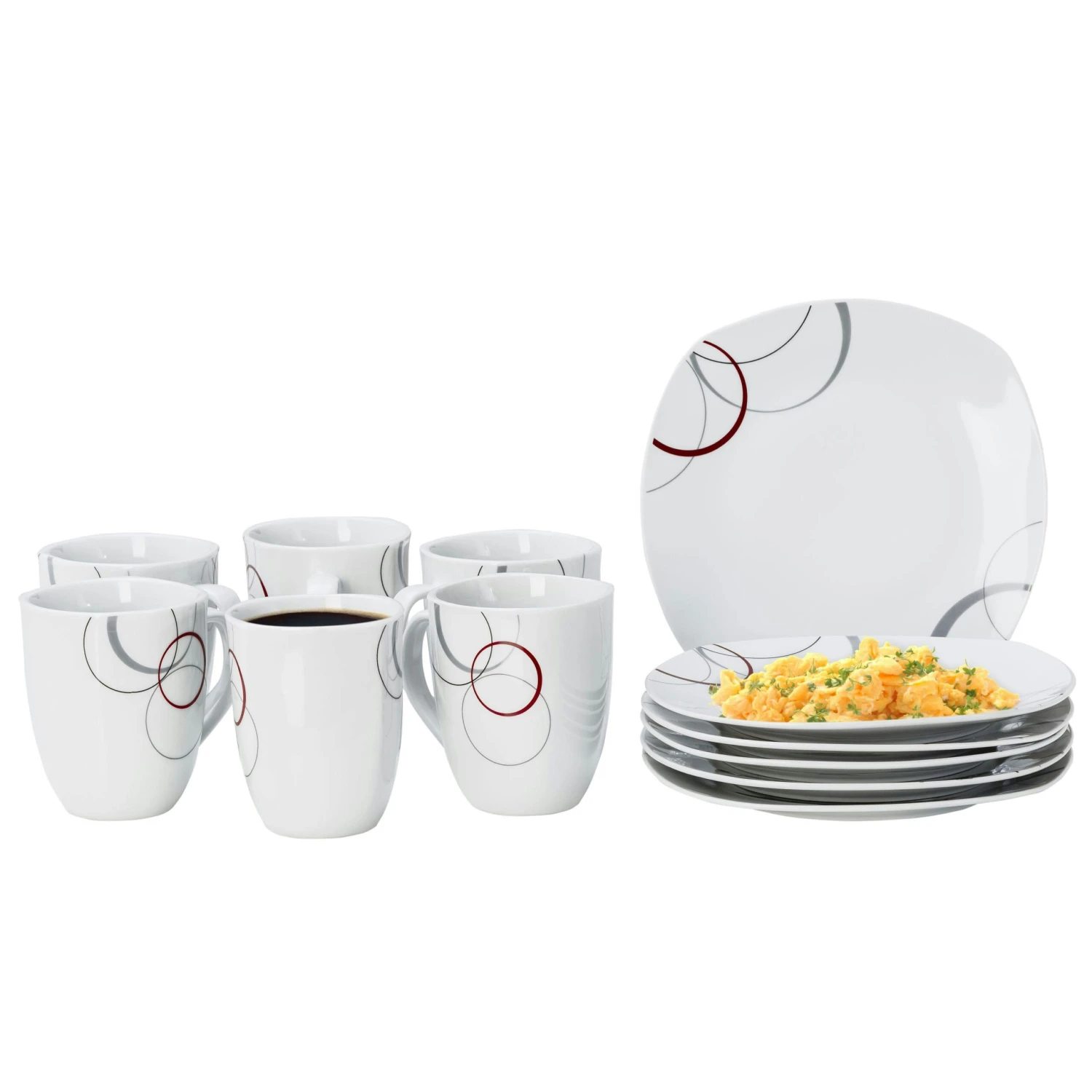 Kombiservice Palazzo 62tlg. - Weißes Porzellan Mit Kreise- Dekor In Grau Und Dunkelrot - Für 6 Personen 5 Kombiservice Palazzo 62tlg. - Weißes Porzellan Mit Kreise- Dekor In Grau Und Dunkelrot - Für 6 Personen - Image 3