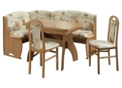Truhen-Eckbankgruppe, Buche Natur Dekor Bzw. Buche Massiv Naturfarbig; Eckbank, 2 Stühle + Winkelwangentisch; Mikrofaser Sandfarbig Gemustert