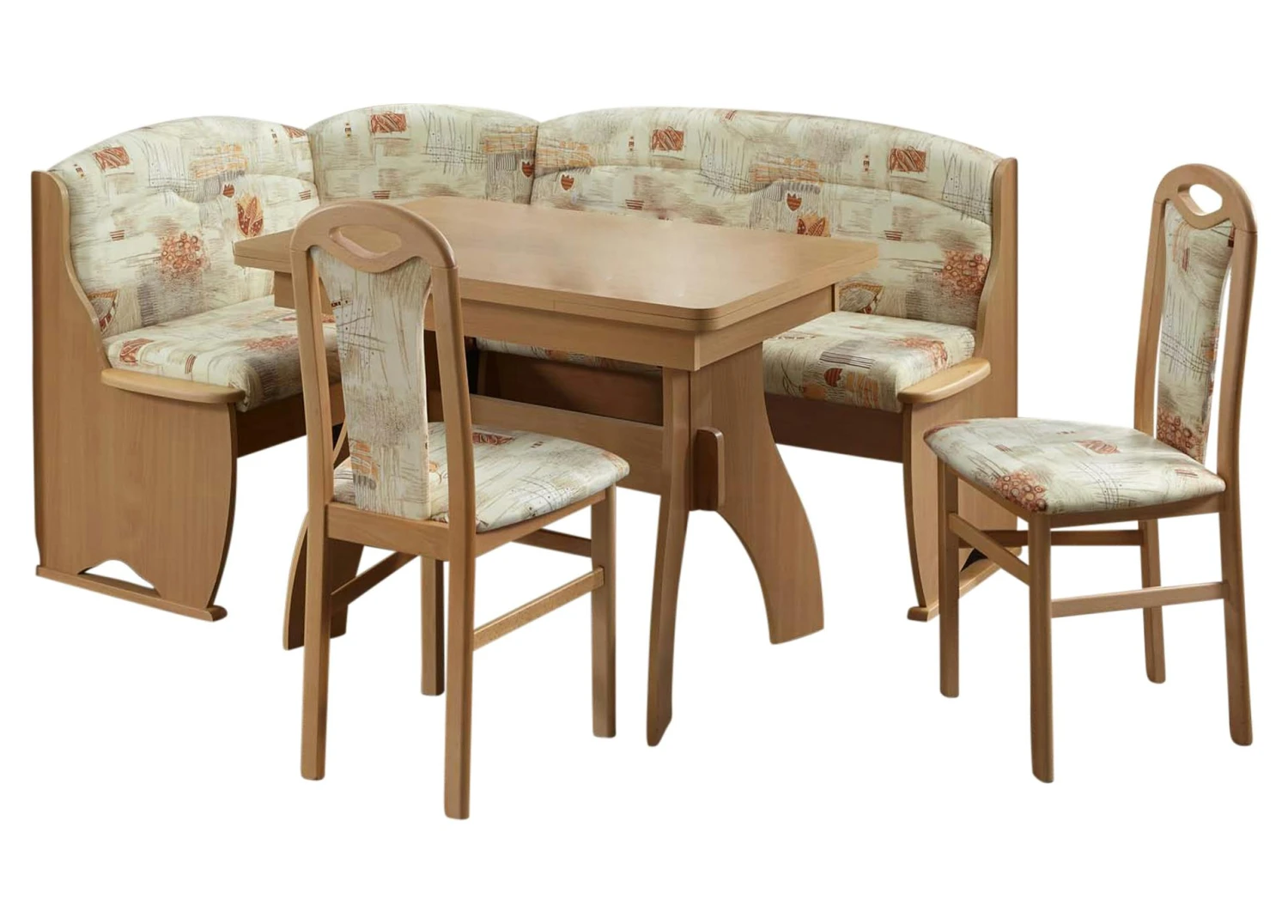 Truhen-Eckbankgruppe, Buche Natur Dekor Bzw. Buche Massiv Naturfarbig; Eckbank, 2 Stühle + Winkelwangentisch; Mikrofaser Sandfarbig Gemustert 3 Truhen-Eckbankgruppe, Buche Natur Dekor Bzw. Buche Massiv Naturfarbig; Eckbank, 2 Stühle + Winkelwangentisch; Mikrofaser Sandfarbig Gemustert