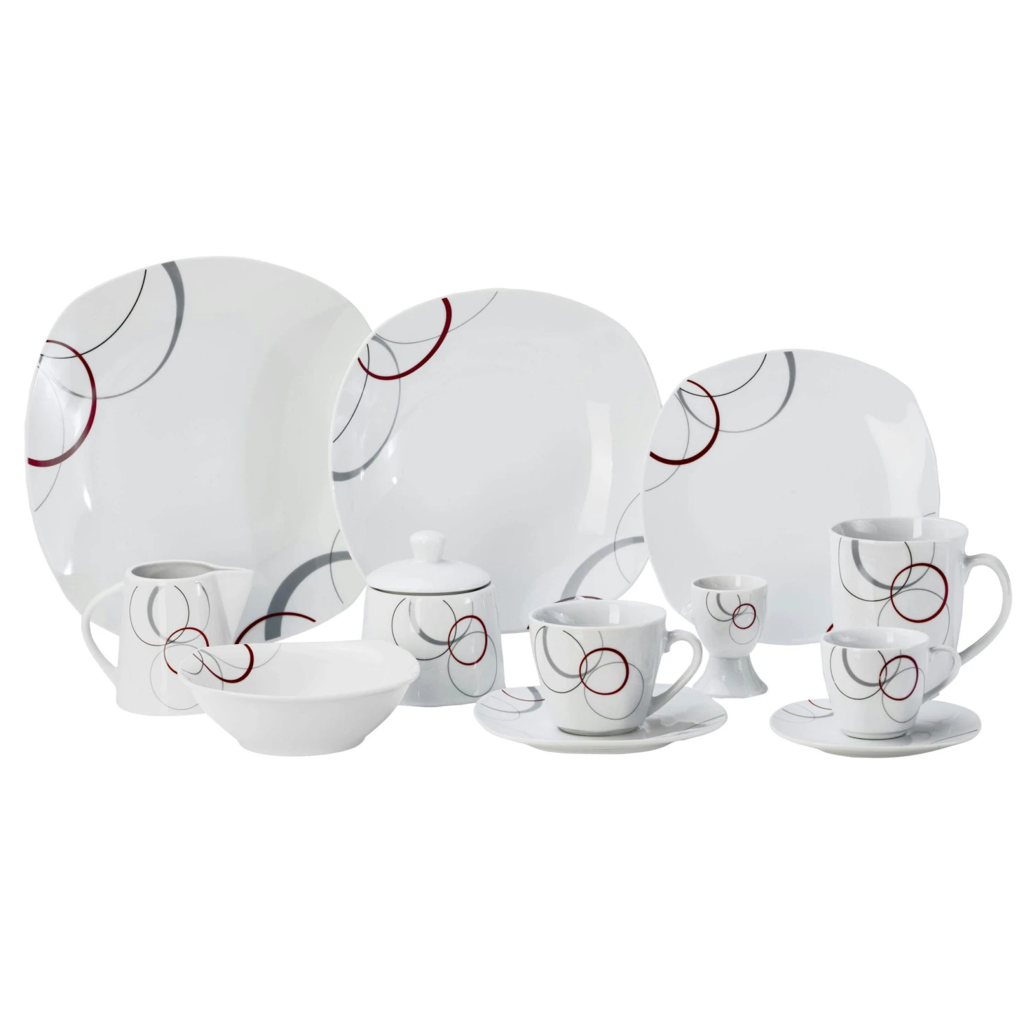 Kombiservice Palazzo 62tlg. - Weißes Porzellan Mit Kreise- Dekor In Grau Und Dunkelrot - Für 6 Personen 3 Kombiservice Palazzo 62tlg. - Weißes Porzellan Mit Kreise- Dekor In Grau Und Dunkelrot - Für 6 Personen