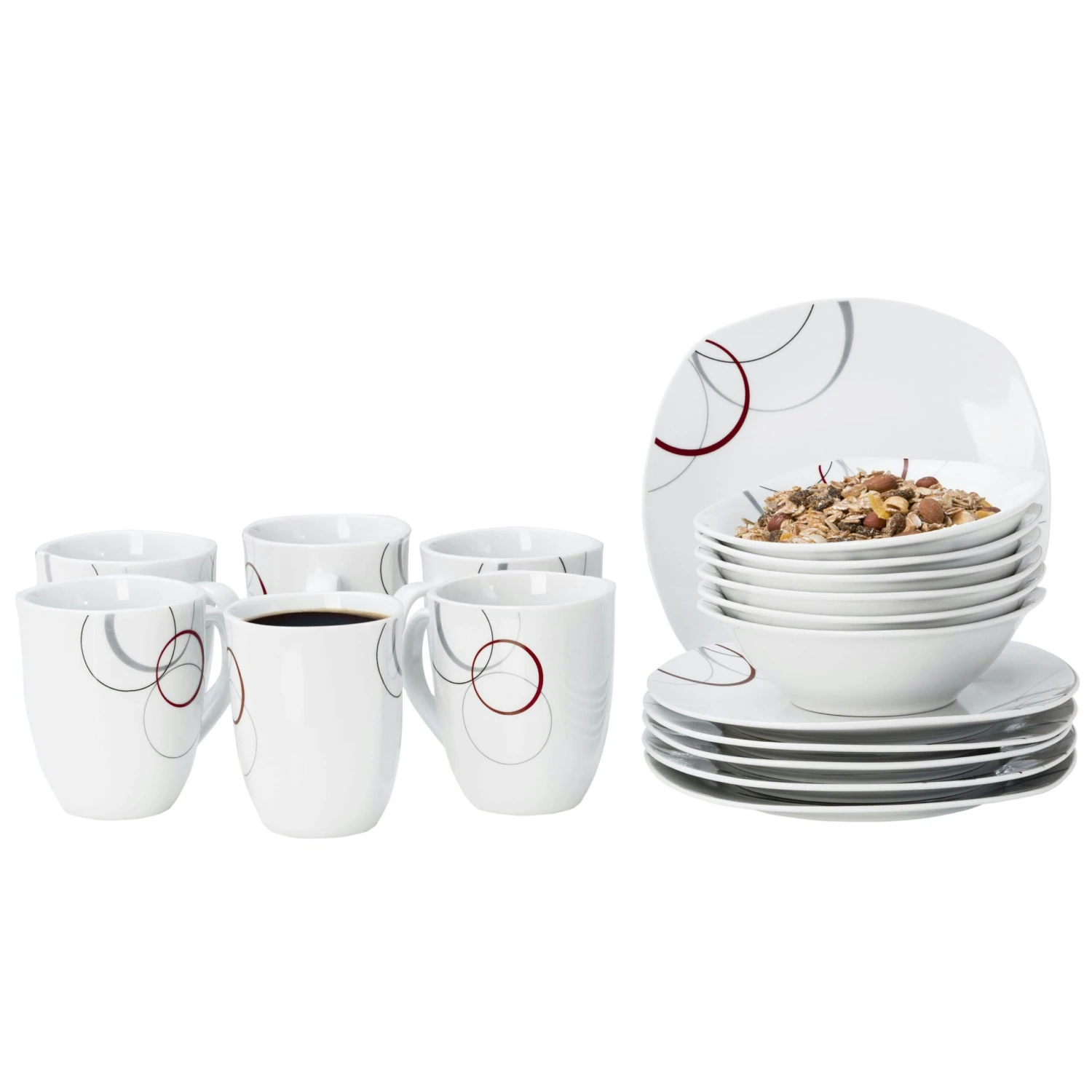 Kombiservice Palazzo 62tlg. - Weißes Porzellan Mit Kreise- Dekor In Grau Und Dunkelrot - Für 6 Personen 4 Kombiservice Palazzo 62tlg. - Weißes Porzellan Mit Kreise- Dekor In Grau Und Dunkelrot - Für 6 Personen - Image 2