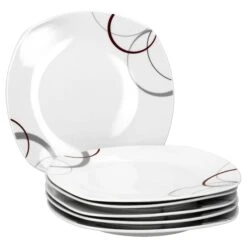 6er Set Essteller Flach Palazzo 25cm - Speiseteller Aus Weißem Porzellan Mit Dekor-Kreisen In Grau Und Dunkelrot -Küche Produkte Geschäft ba86f259 6b91 42b6 a4bd f341225e764d