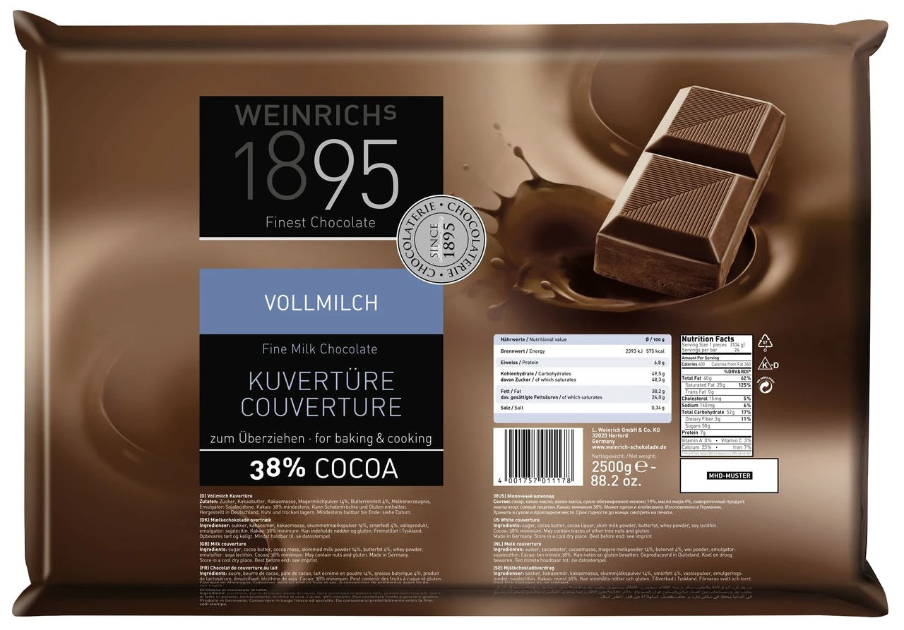 Weinrich Kuvertüre Vollmilch 38% Kakaogehalt (2,5 Kg) 3 Weinrich Kuvertüre Vollmilch 38% Kakaogehalt (2,5 Kg)